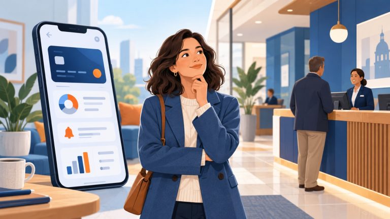 Customer comparing digital and traditional banking services
