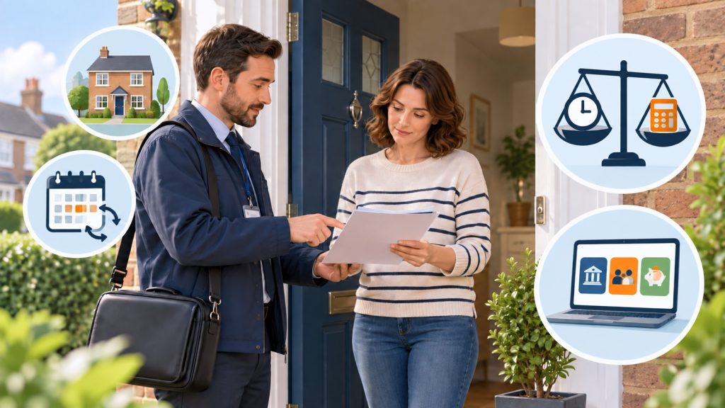 Doorstep loan agent discussing borrowing with a customer