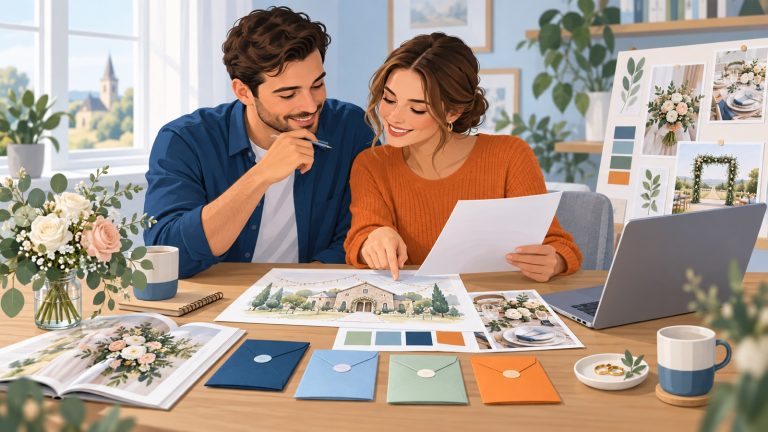 Couple planning a beautiful wedding on a budget