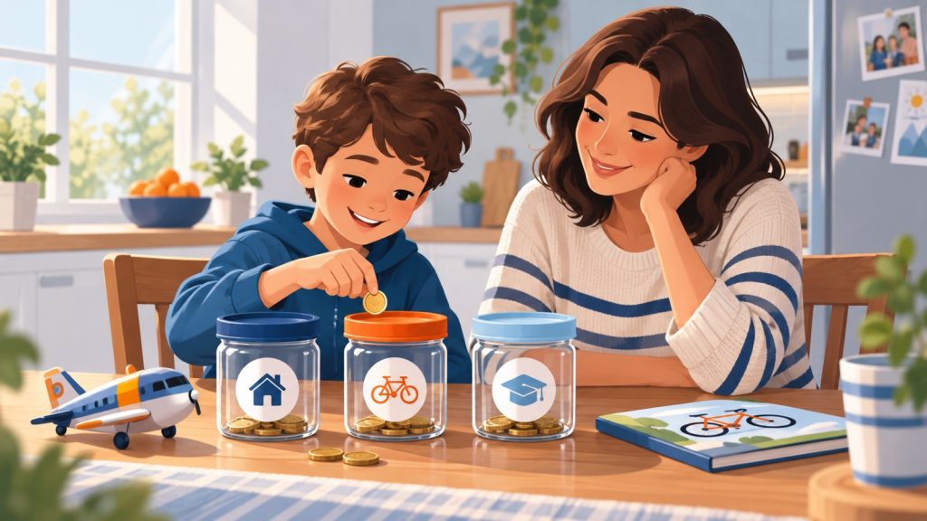 Parent teaching a child how to save money