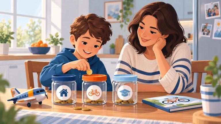 Parent teaching a child how to save money