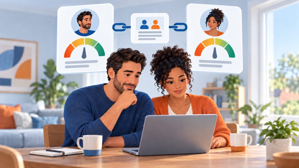 Couple discussing how shared finances can affect credit records